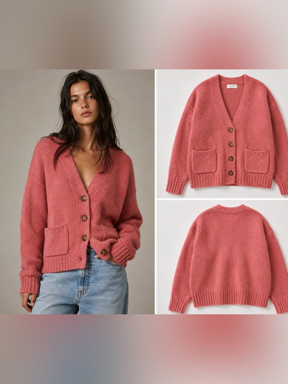 Anthropologie Comfy Ribbed Cardigan Coral Pink Wool Blend L